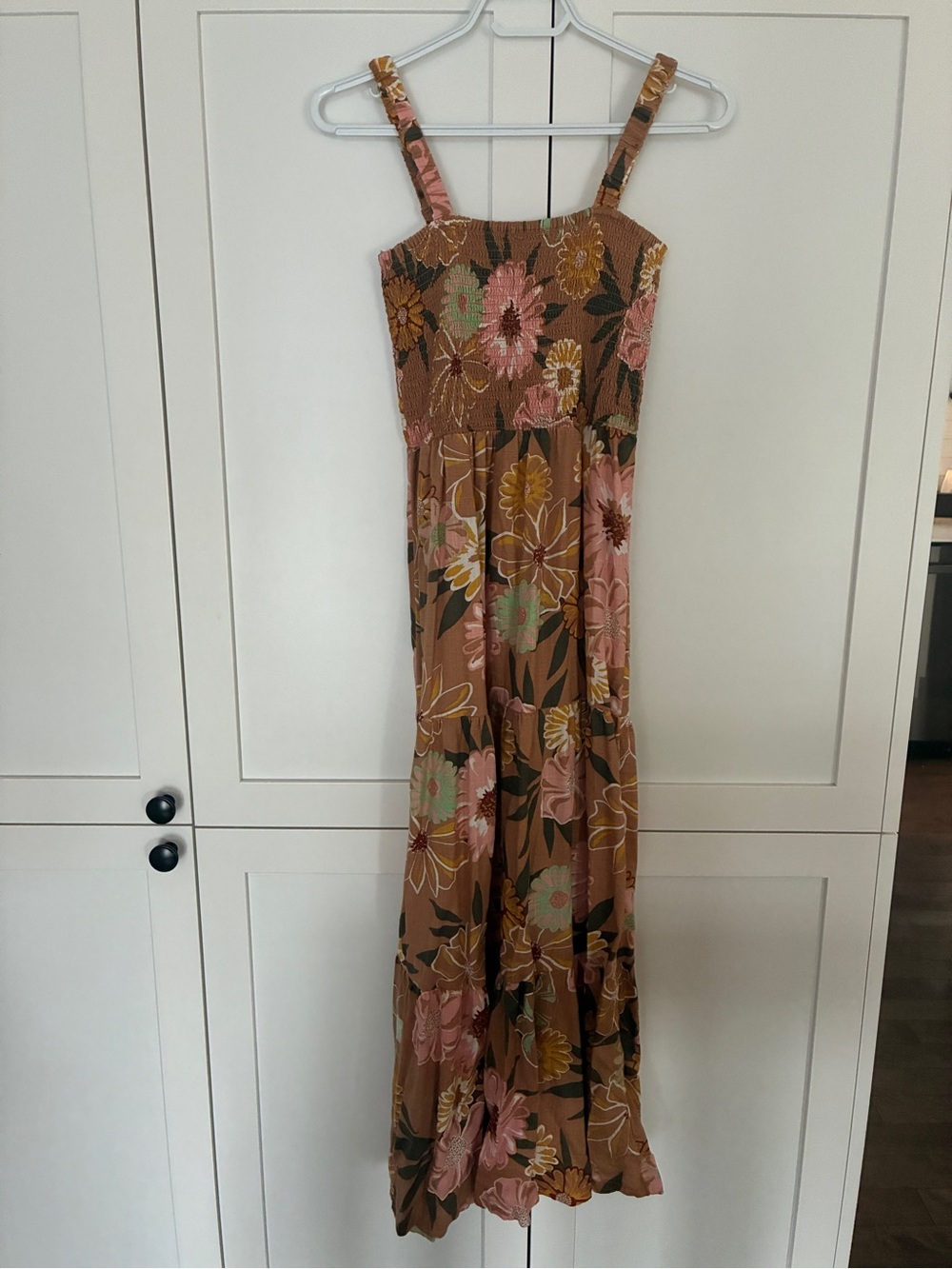 Roxy Floral Smocked Maxi Dress in Brown, Pink and Green